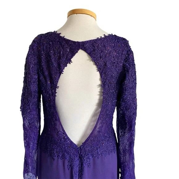 Mori Lee Madeline Gardner Gown Dress Sz 14 Purple Long Sleeve Sequins Lace Gala - Picture 7 of 16